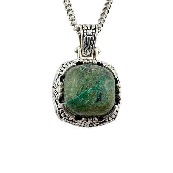 Southwest Style Matte Polished Green Stone Silver Plated Signed JC 19" Necklace - Picture 1 of 8